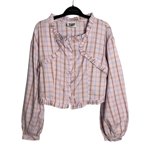 Kina and Tam Plaid & Prejudice Blouse Sz M Coquette Ruffle Romantic Regency Pink - Picture 1 of 16